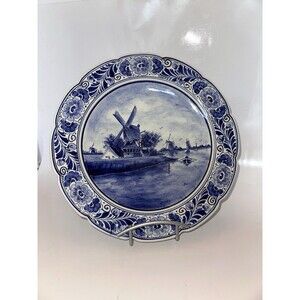 Delft Blauw Plate Windmill Waterfront 12” Charger Scalloped Hand Painted Vintage